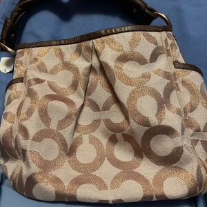 Coach Rose Gold, Brown and Cream Patterned Shoulder Bag